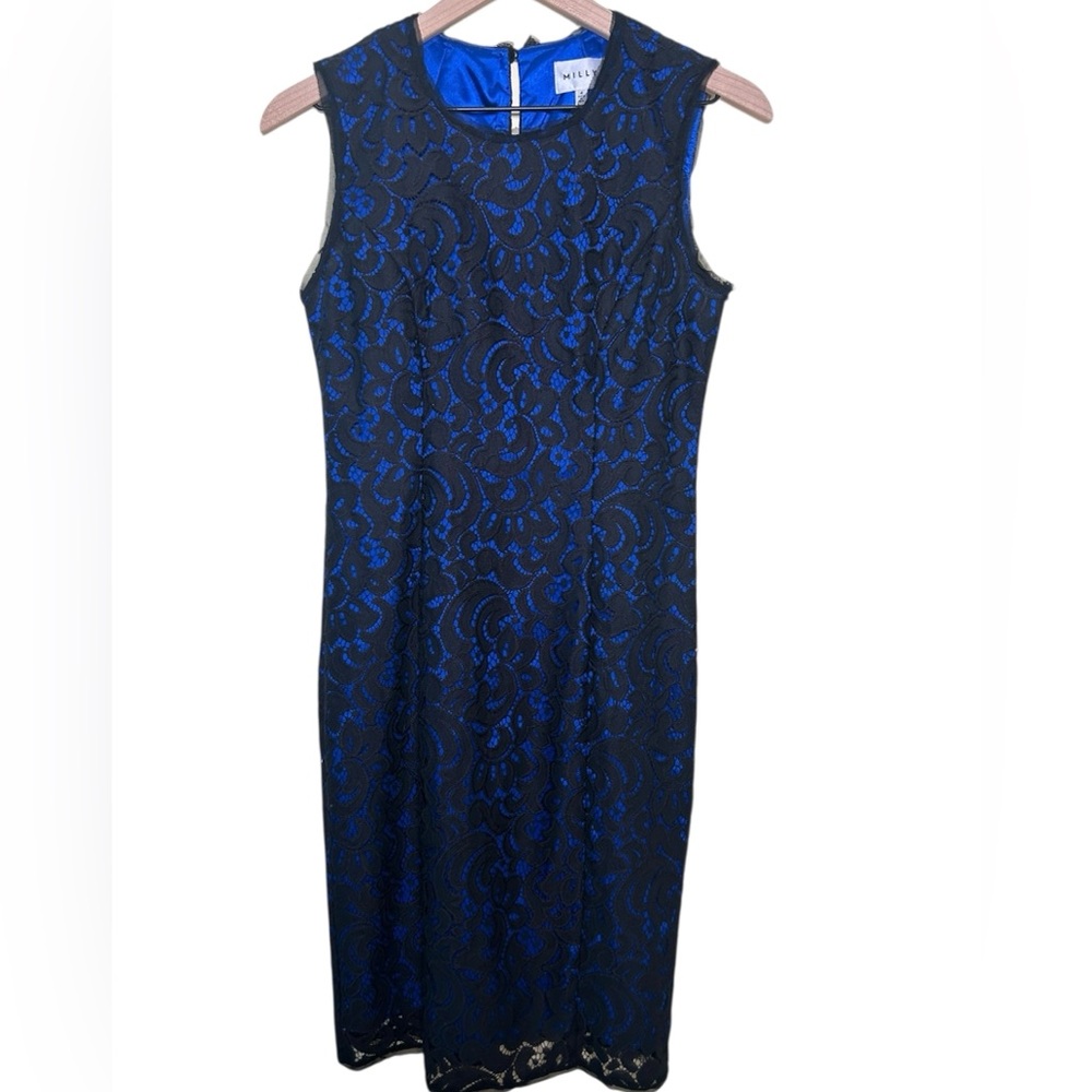 MILLY Black Lace Over Royal Blue Sheath Dress Women's 4 Made in USA‎ Sleeveless